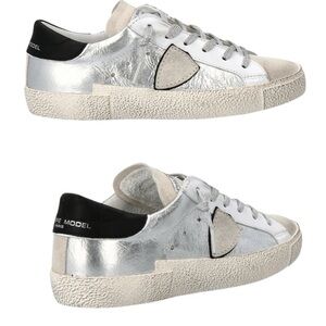 Philippe Model Paris Prsx Low Top Metallic Silver Leather Women's Sneaker Size 8